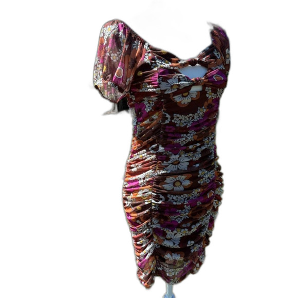 Sale Madden NYC Retro Floral Ruched Dress Cut Outs Medium BodyCon Short Sleeve - Picture 4 of 10